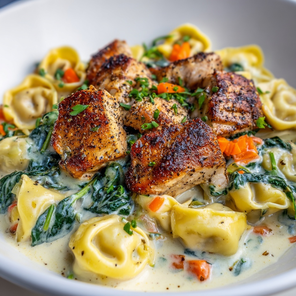 Cheesy Garlic Parmesan Chicken Tortellini with Spinach in Creamy Sauce Recipe - Recipe Image